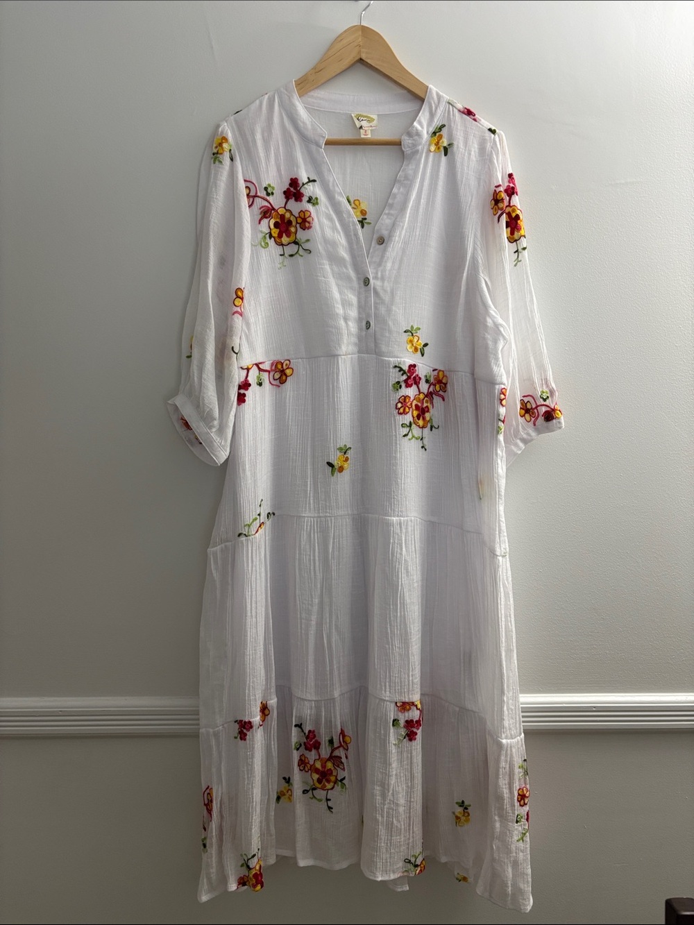 White Floral Embroidered Tiered Midi Dress